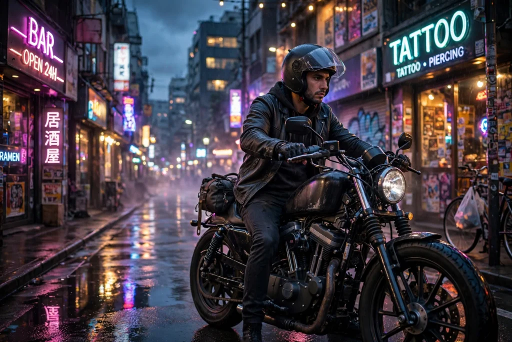 Motorcycle rider in the city at dusk representing bike life culture
