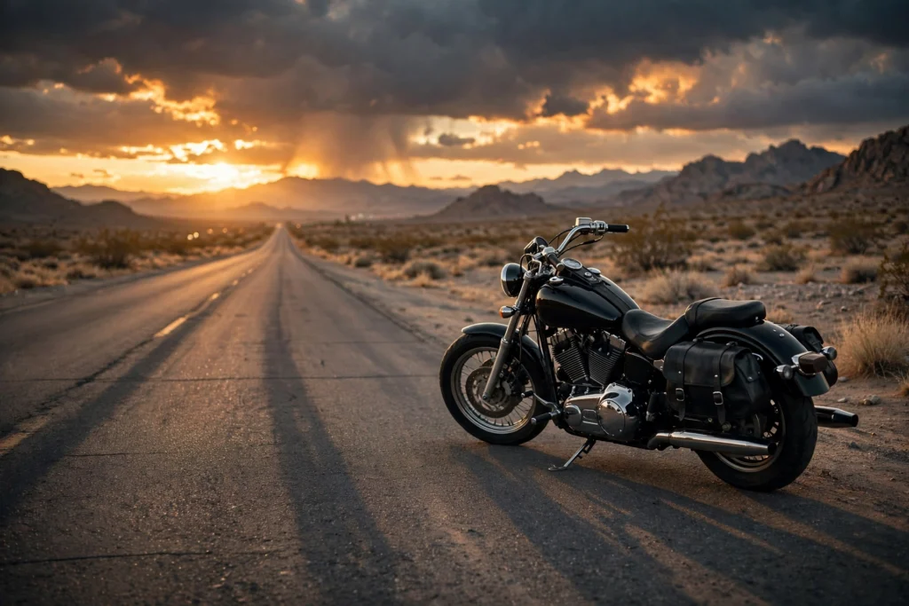Black cruiser motorcycle on a desert highway at sunset — bike quotes collection