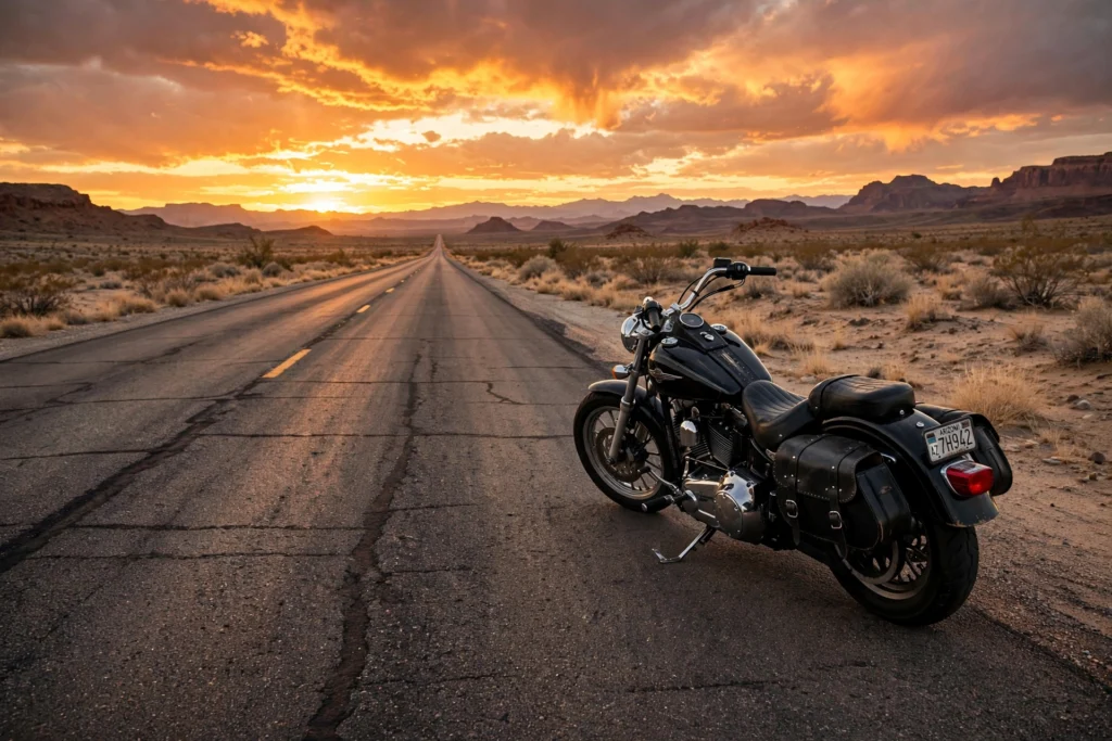 Cruiser motorcycle parked on an open desert highway at golden hour — bike ride quotes