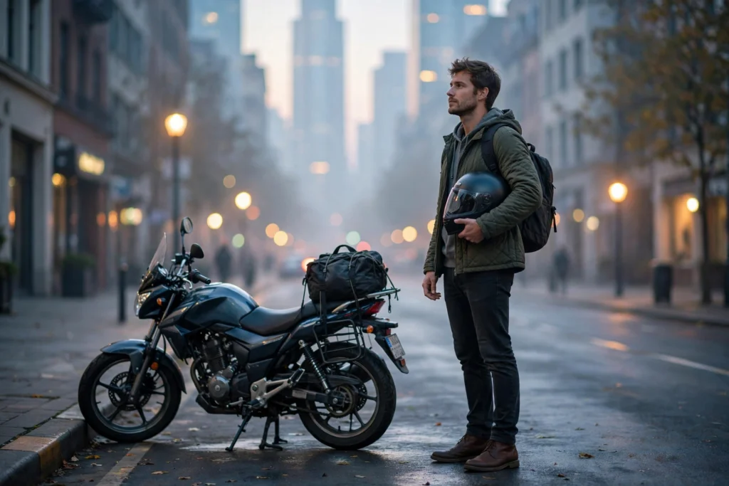 Motorcycle rider on the road with city skyline behind — bike riding captions