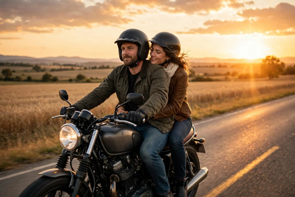 Biker couple riding a motorcycle together into the sunset