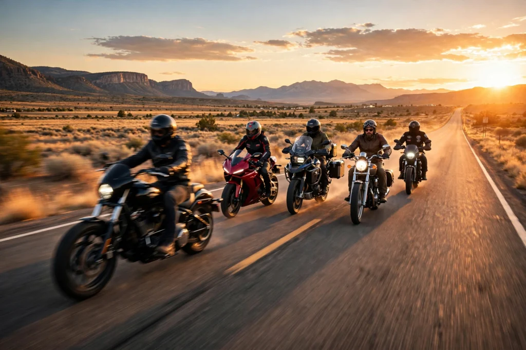 Group of bikers riding motorcycles on an open highway at golden hour