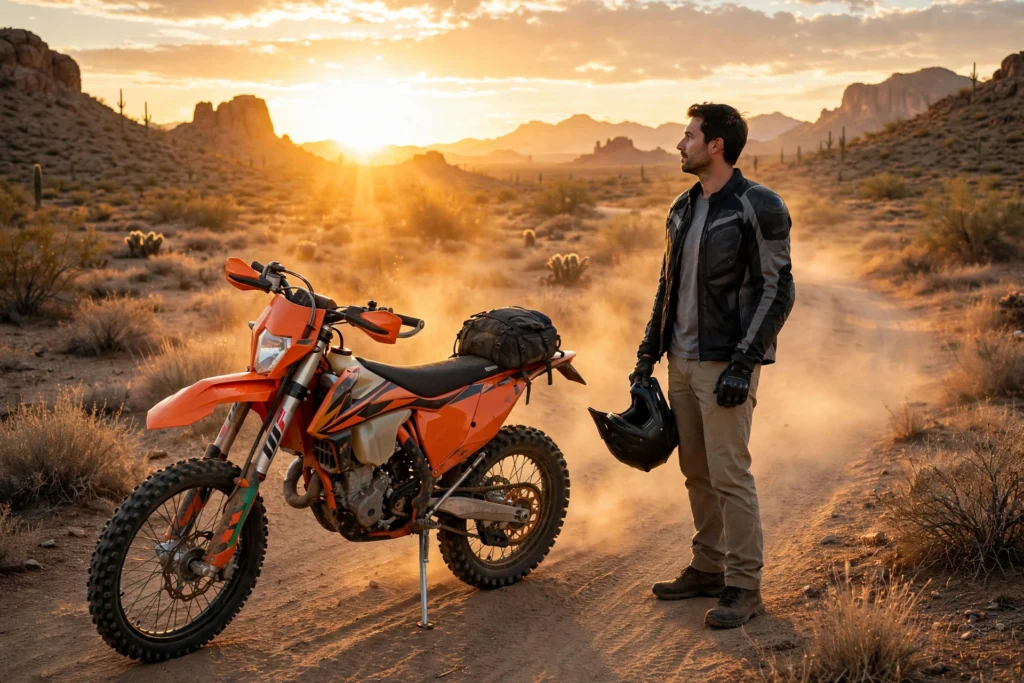 Rider posting a dirt bike photo at golden hour, perfect for Instagram captions