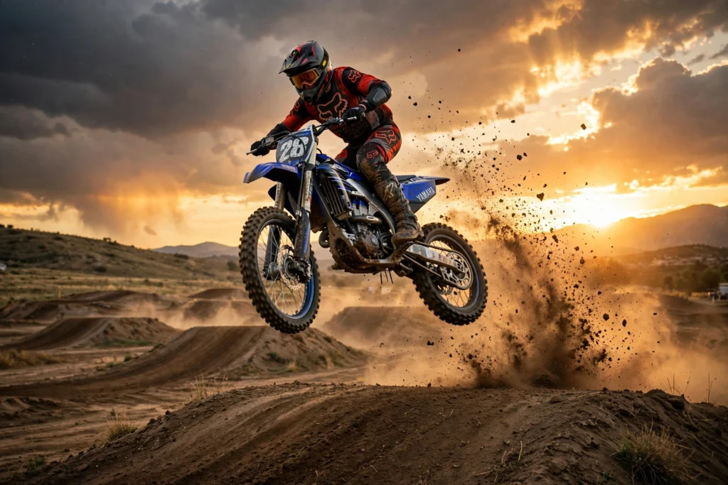 Dirt bike rider catching big air over a motocross track jump at sunset