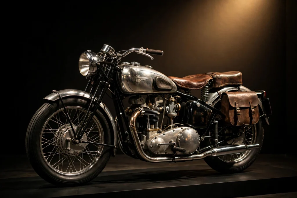Vintage classic motorcycle in dramatic spotlight — famous bike quotes from legends