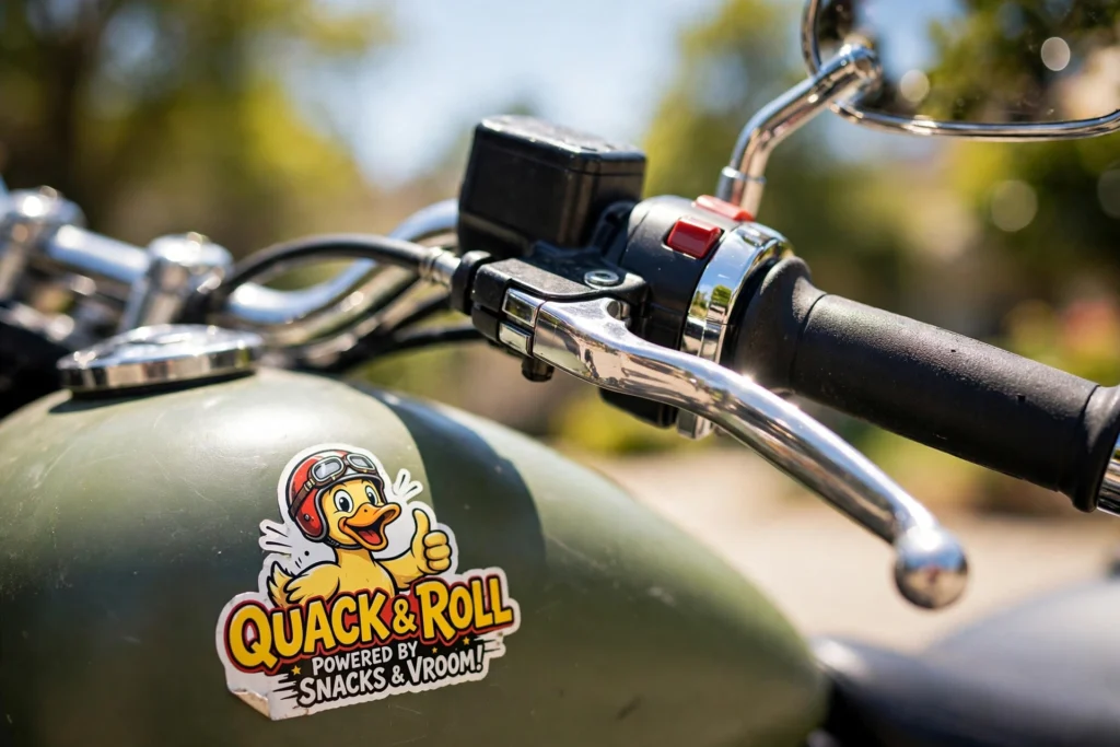 Motorcycle handlebar close-up with a funny sticker on the tank — funny bike quotes