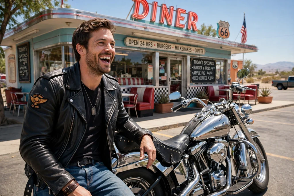 Cheerful biker laughing beside his motorcycle at a roadside diner — funny bike ride quotes