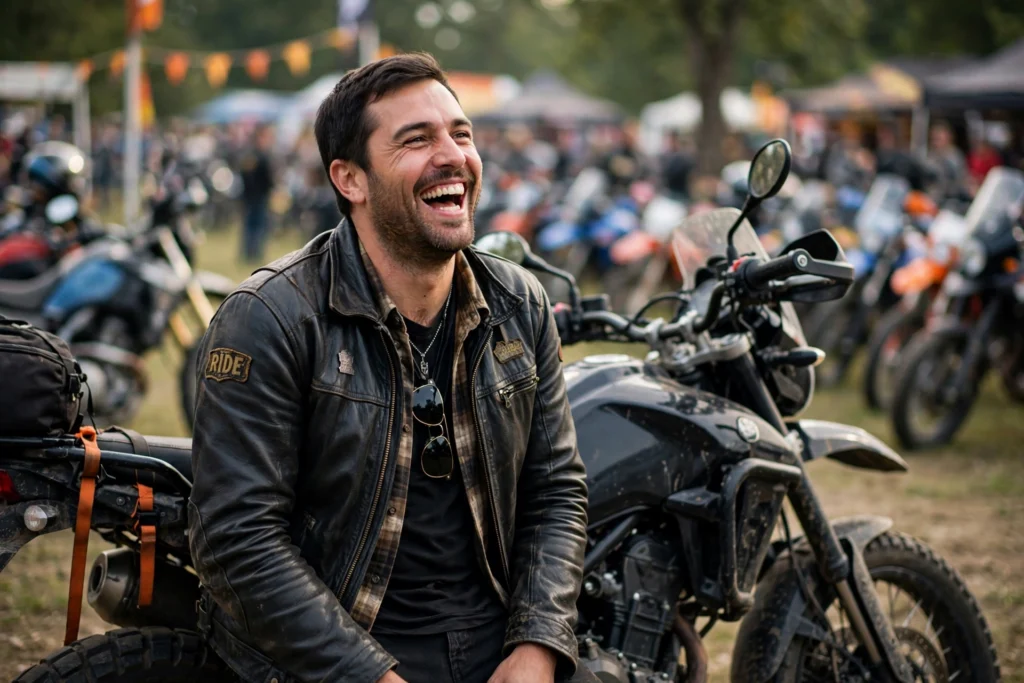 Happy biker laughing next to his motorcycle at a rally