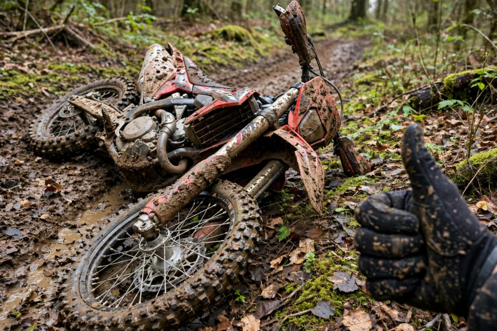 Mud-covered dirt bike rider laughing after a funny crash on the trail