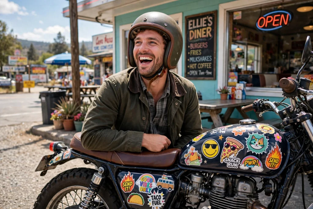Happy motorcyclist laughing next to a parked motorcycle covered in funny stickers