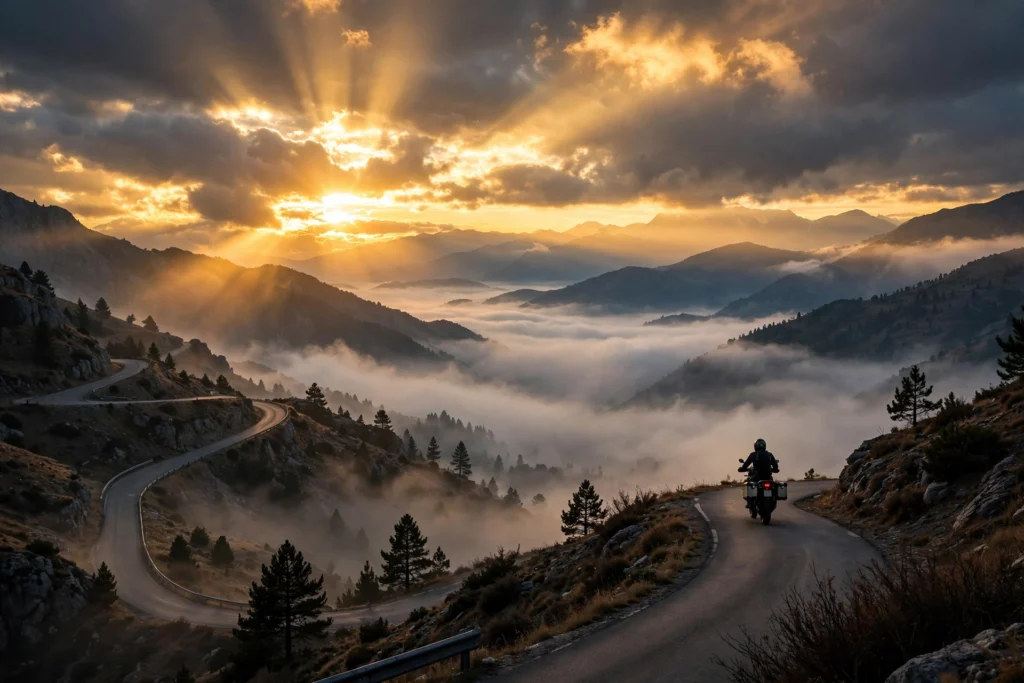Lone motorcyclist riding a mountain road at sunrise — inspirational bike quotes
