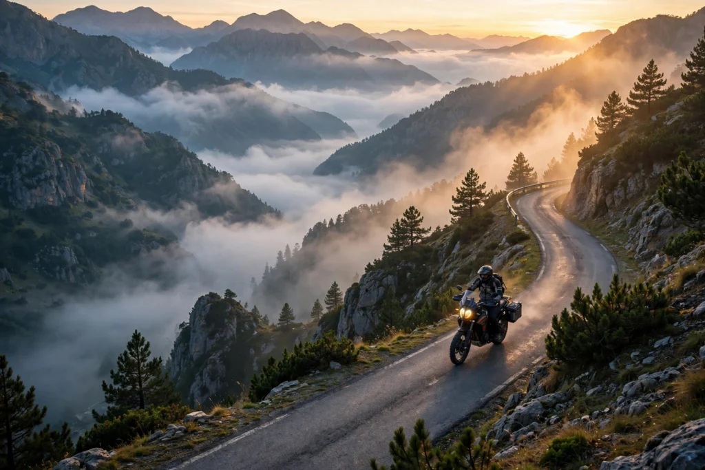 Lone biker riding on a mountain road at sunrise