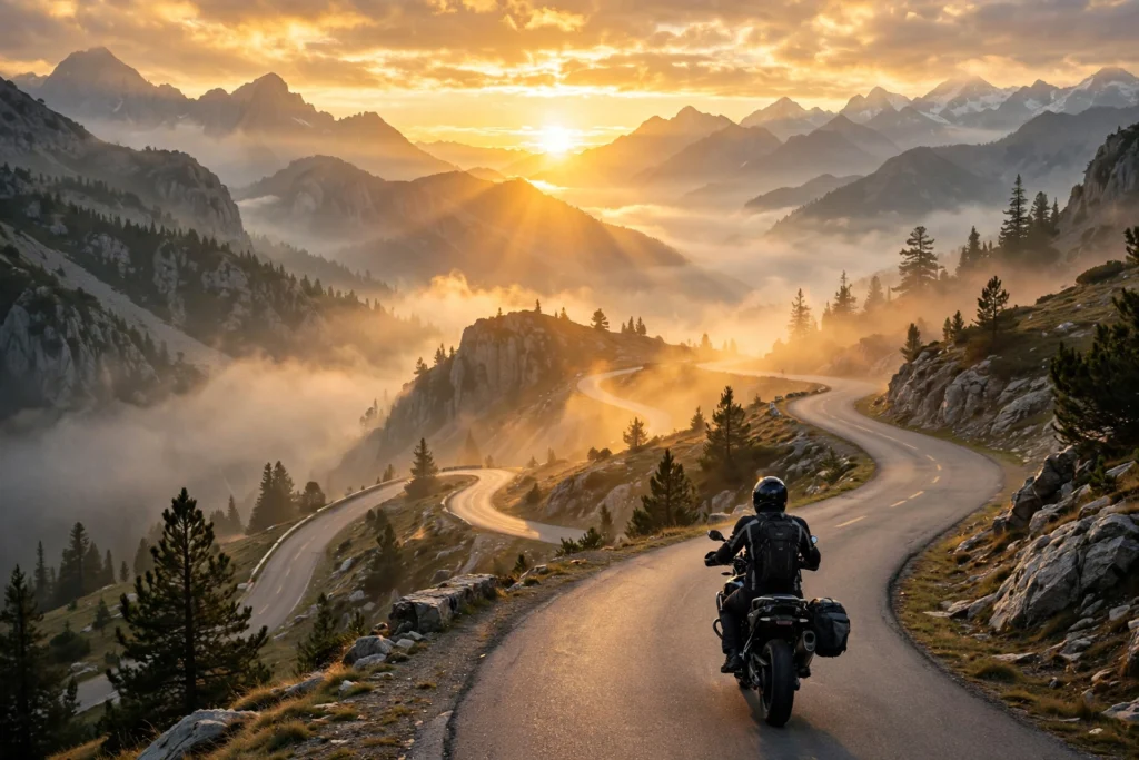 Lone motorcyclist riding toward a sunrise over mountain roads, inspiring view