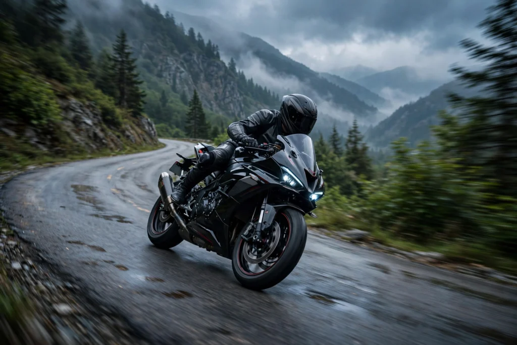 Motorcycle rider silhouette on a winding mountain road at sunrise — life is like a bike quotes