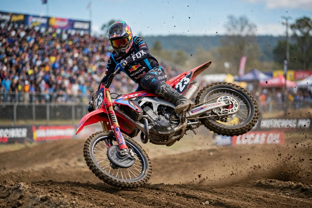 Motocross racer scrubbing a jump on a professional outdoor track