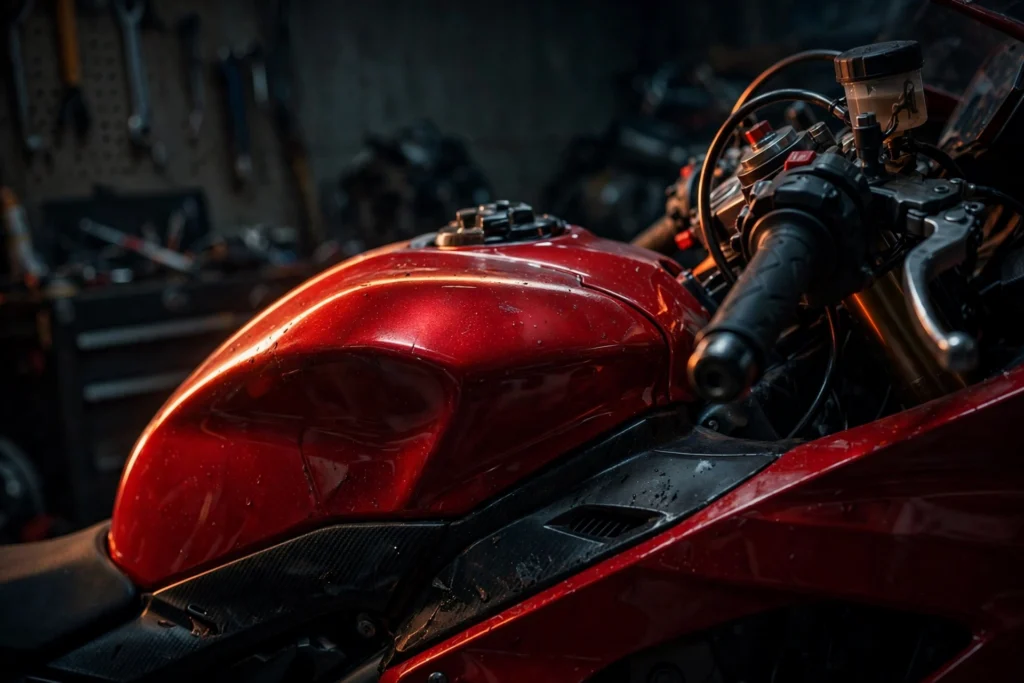Black motorbike parked in front of a brick wall with rider — motorbike captions