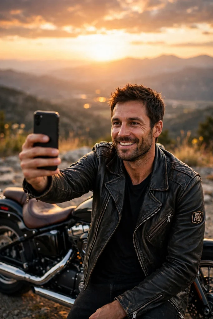 Sport motorcycle parked at golden hour with rider walking away — motorcycle captions