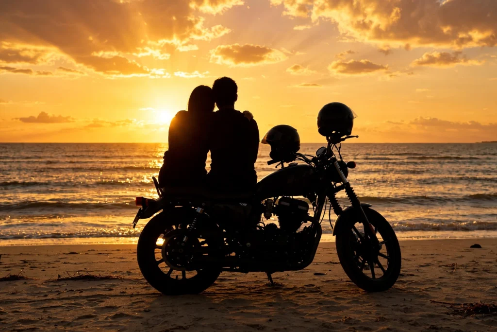 Couple embracing beside a motorcycle at sunset — motorcycle love captions