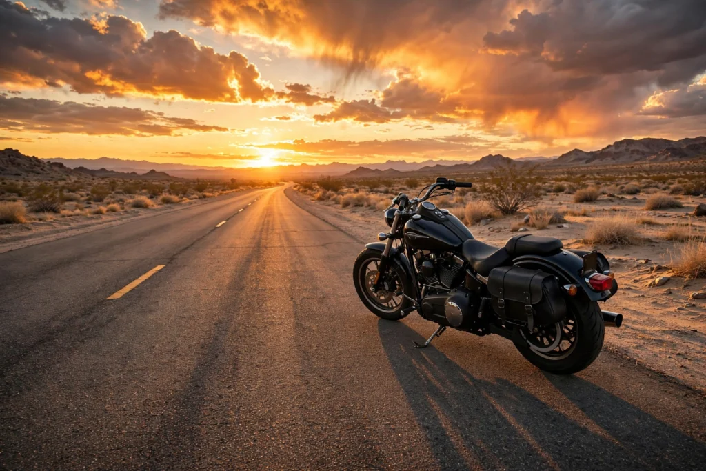 Black cruiser motorcycle parked on an open desert highway at sunset
