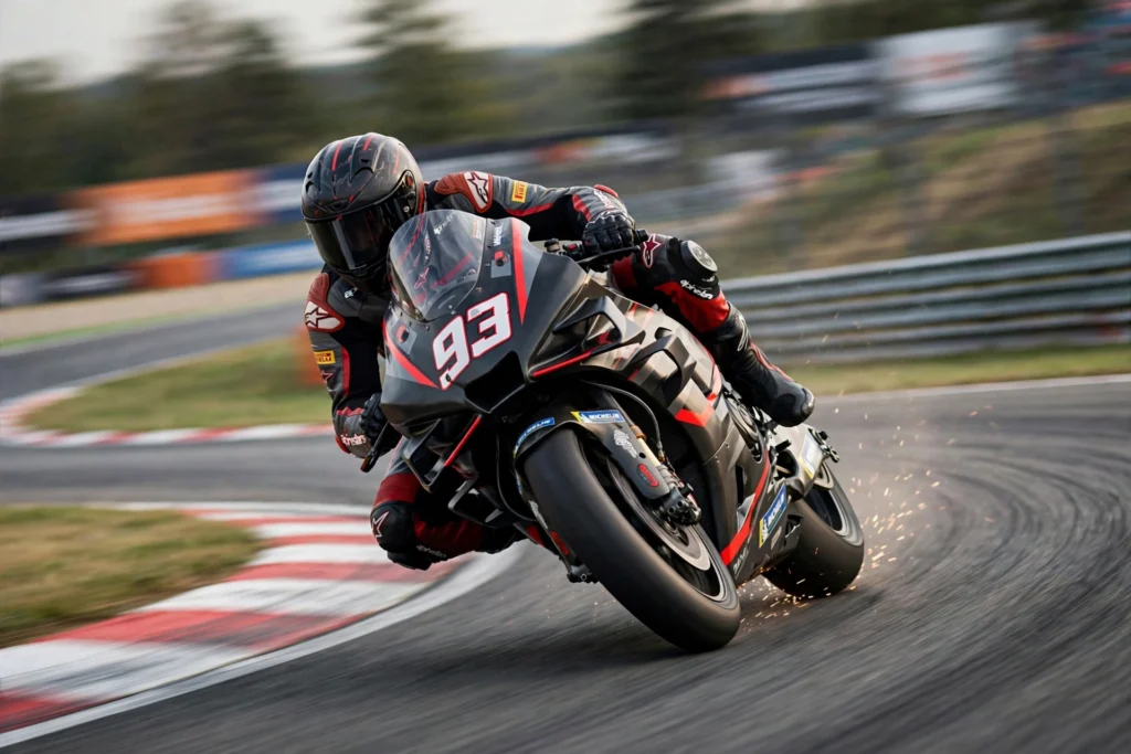 Sportbike leaning hard into a turn on a racetrack with motion blur, motorcycle racing