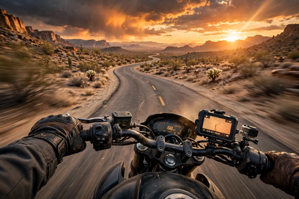 Motorcycle riding on a coastal highway at golden hour — motorcycle ride captions