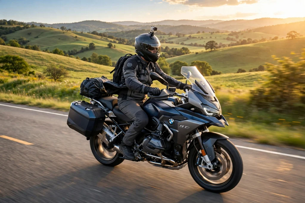 Motorcycle rider cruising on an open highway at sunset — motorcycle riding quotes