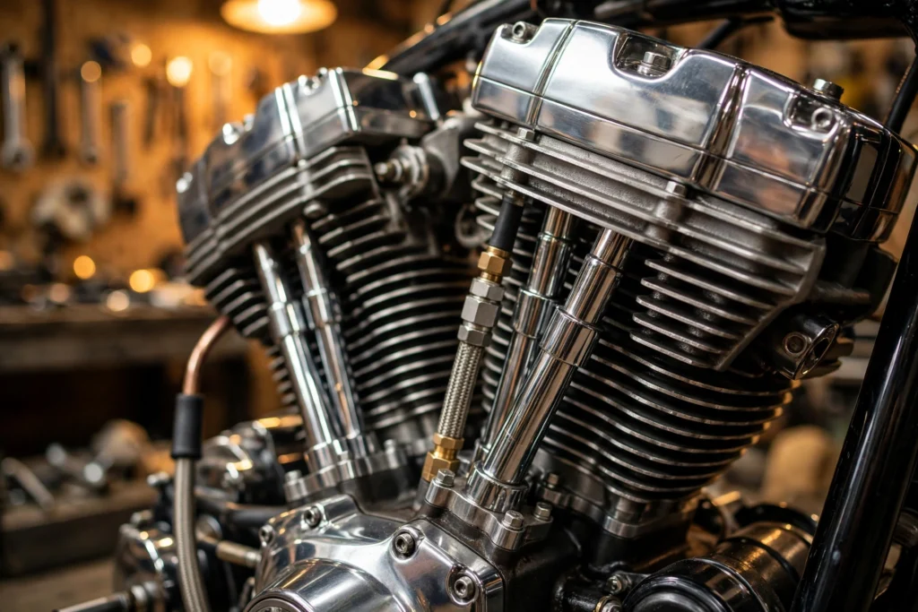 Close-up of a motorcycle engine and chrome details glowing in garage light