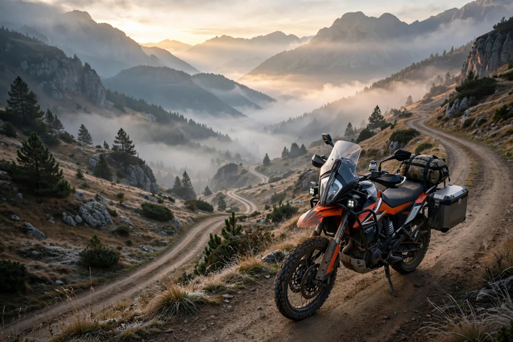Motorcycle on a scenic winding road through green hills — quotes for riding a bike