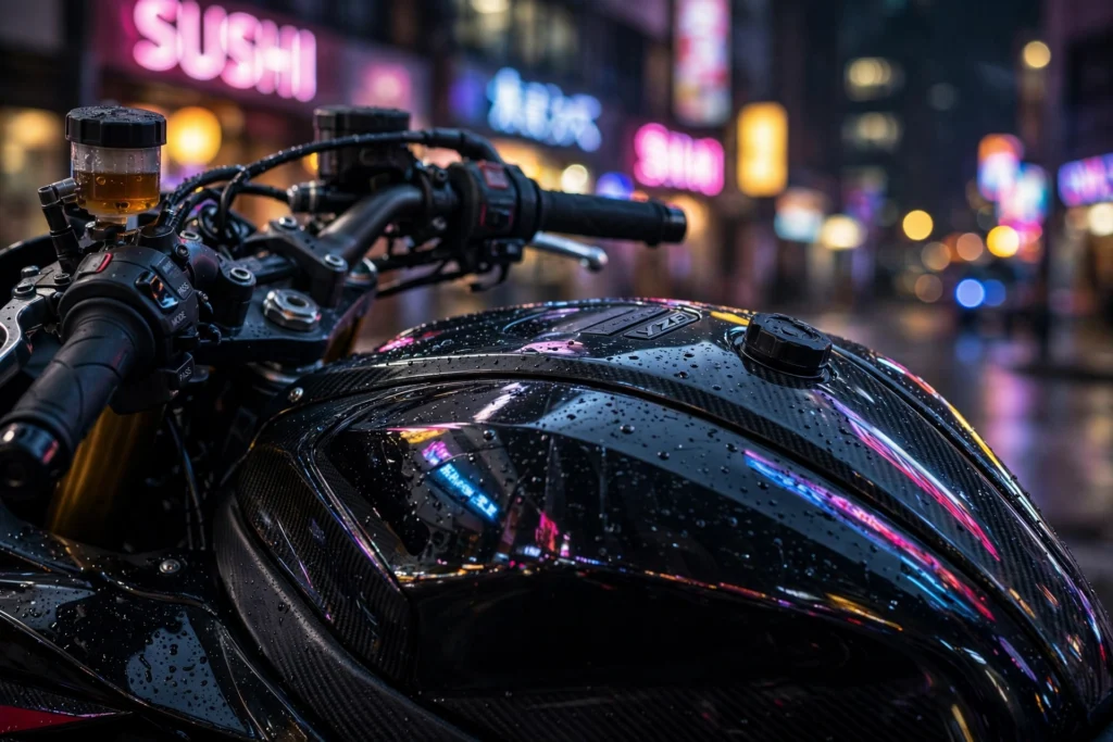 Sportbike fuel tank close-up at night with neon reflections — short bike quotes for captions